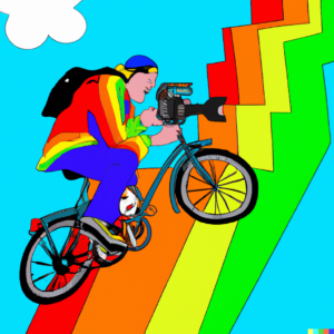 A trippy picture of a stylized biker with a camera